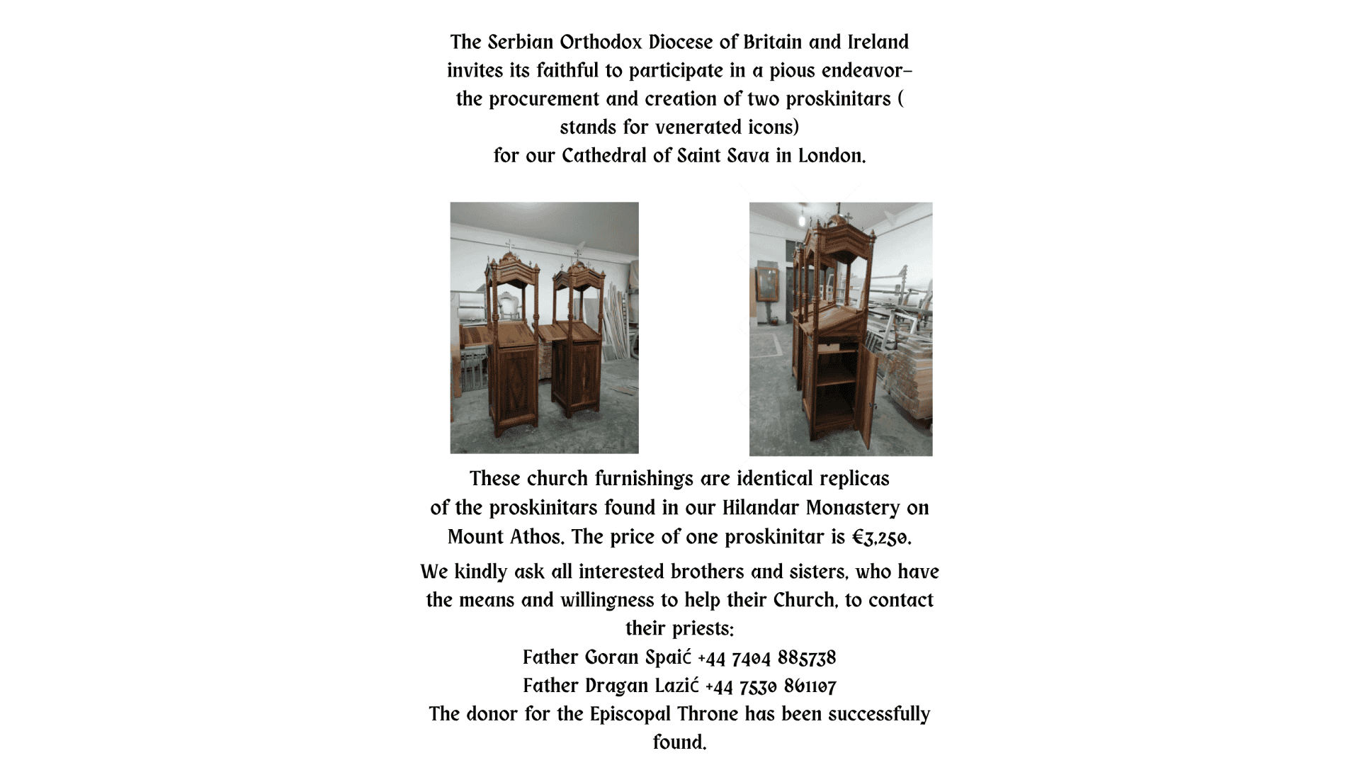 Assistance in the Acquisition and Creation of Two Proskinitars for the Cathedral of Saint Sava in London