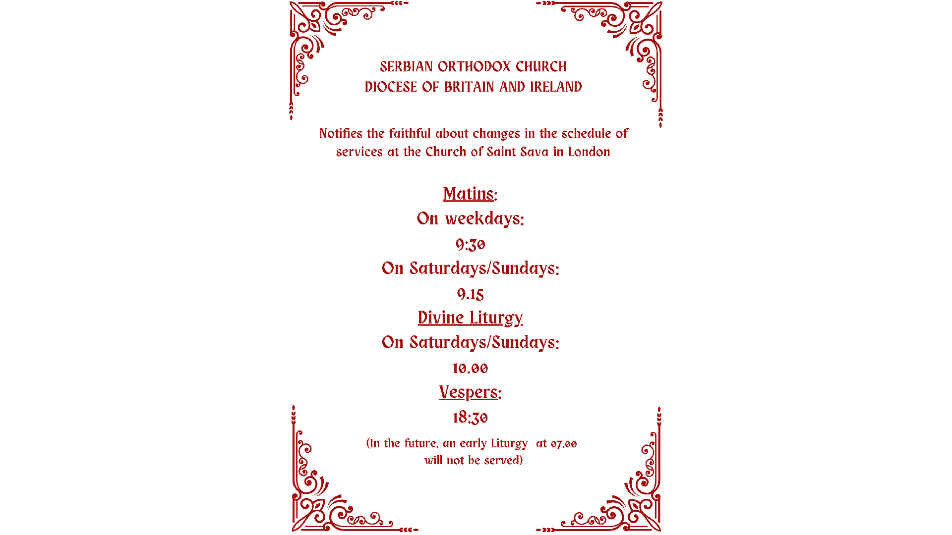 Changes in the schedule of services at the church of Saint Sava in London