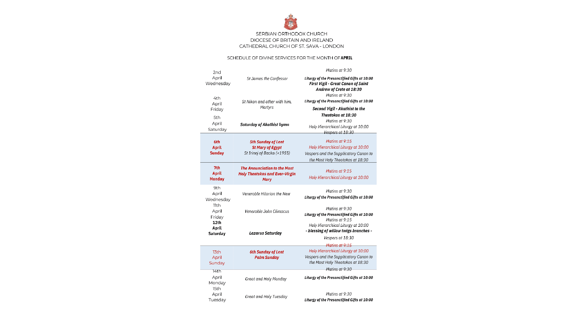 SCHEDULE OF DIVINE SERVICES FOR THE MONTH OF АPRIL