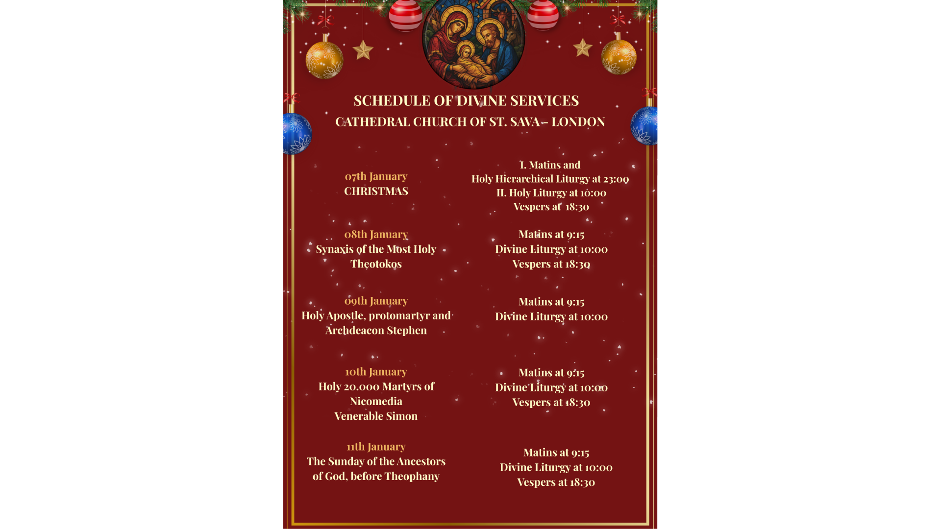 Schedule of Divine Services for Christmas Holidays