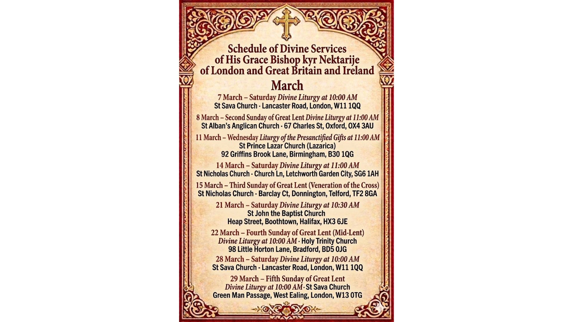 Schedule of Divine Services of His Grace Bishop kyr Nektarije of London and Great Britain and Ireland