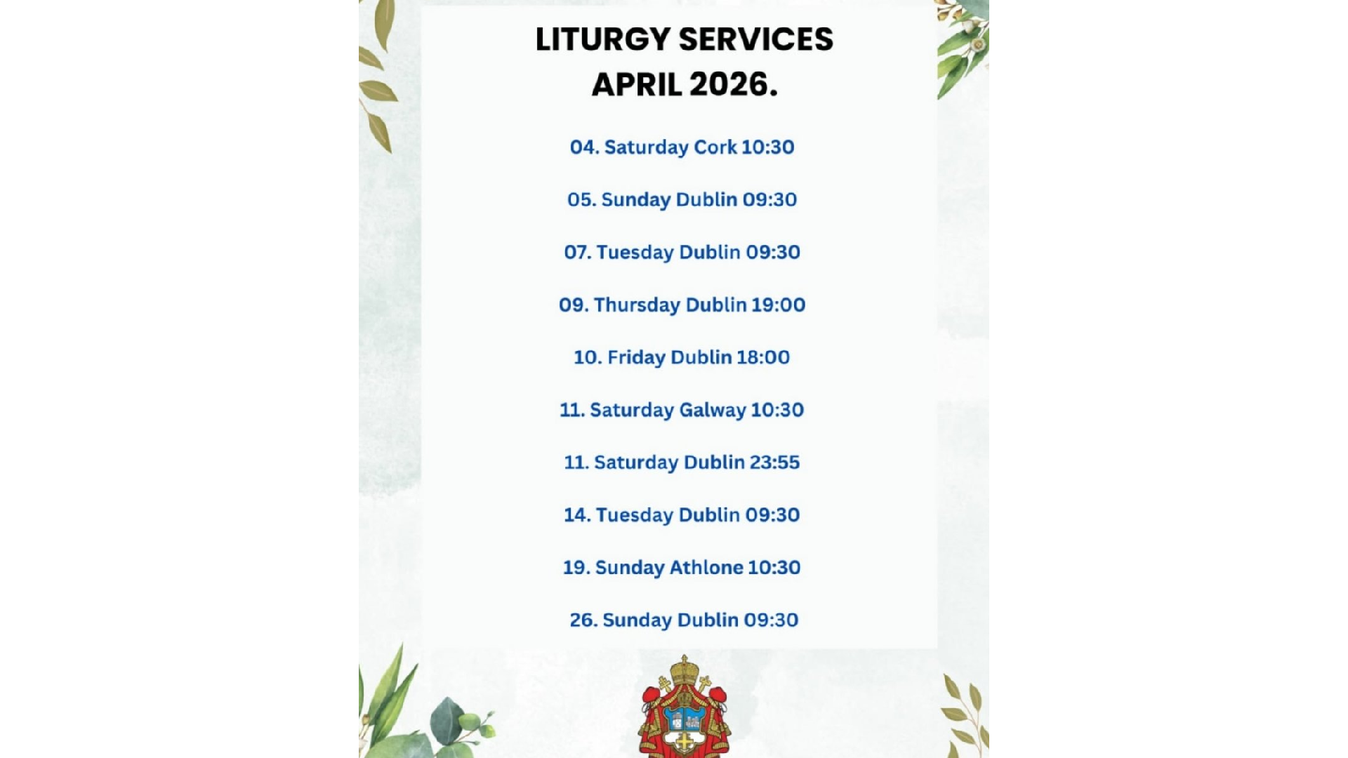 Schedule of Divine Services for the month of April – Ireland