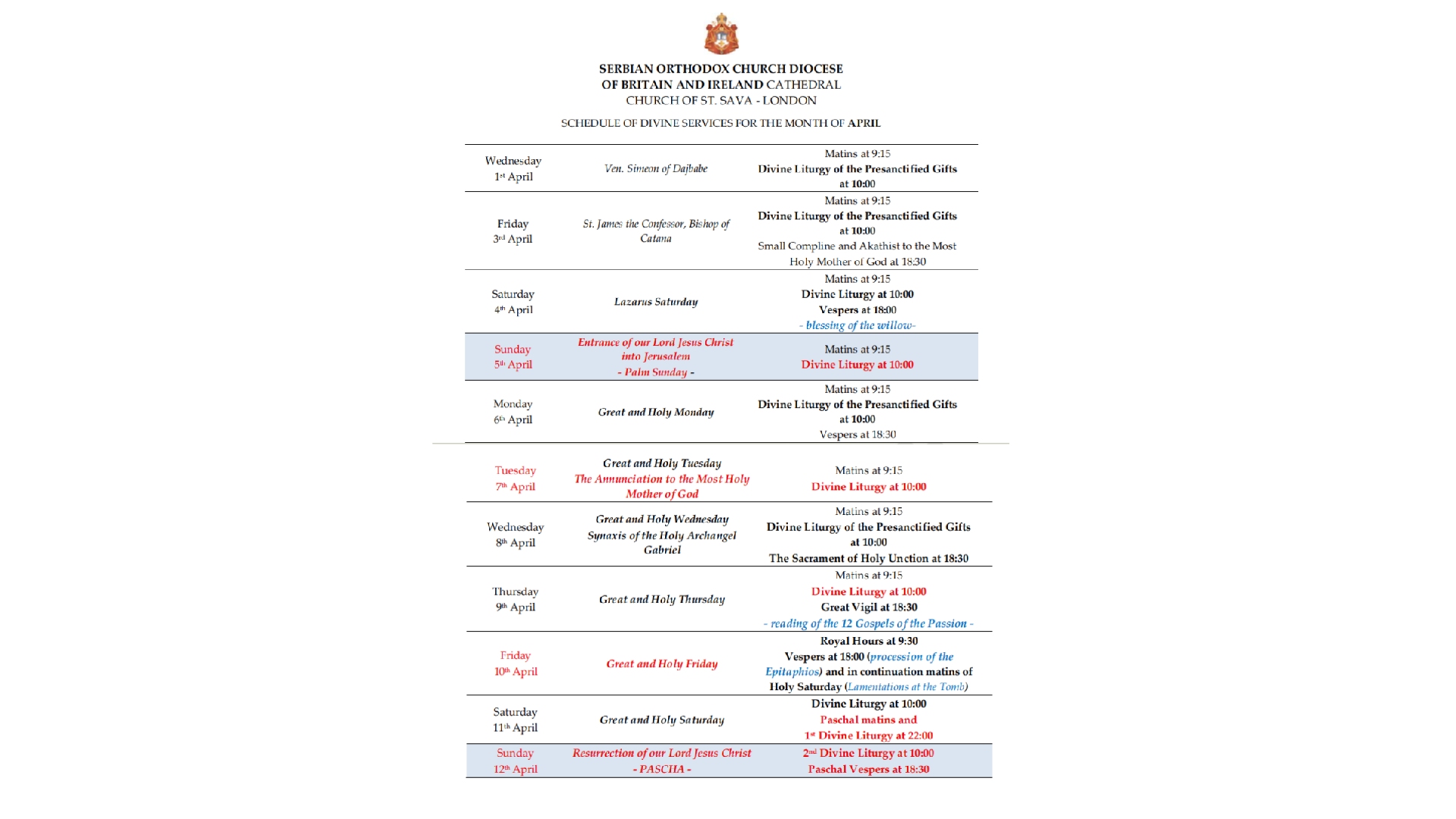 Schedule of Divine Services for the month of April – Church of St. Sava (Lancaster Road)