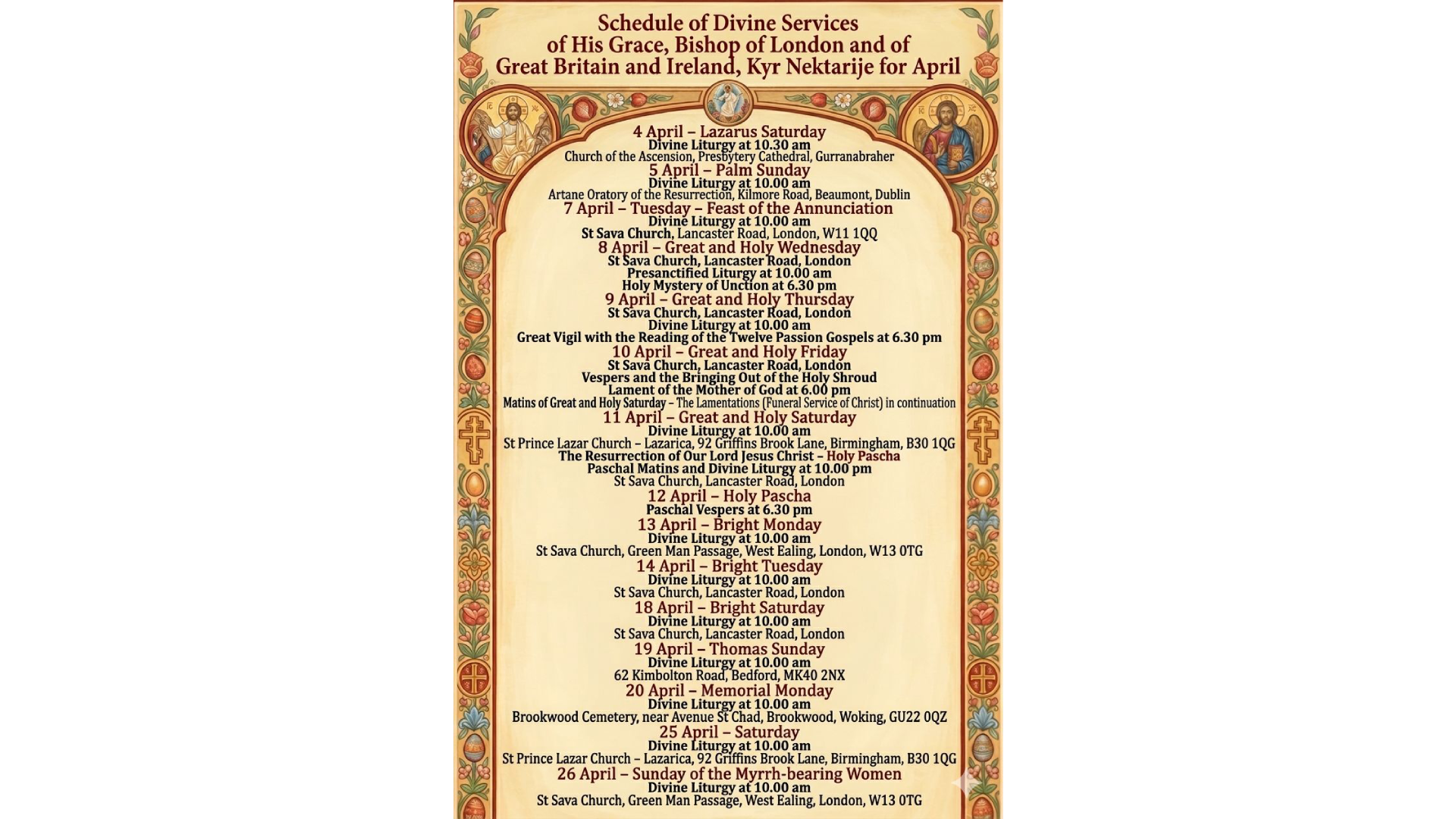Schedule of Divine Services of His Grace Bishop of London and Great Britain and Ireland Kyr Nektarije for April